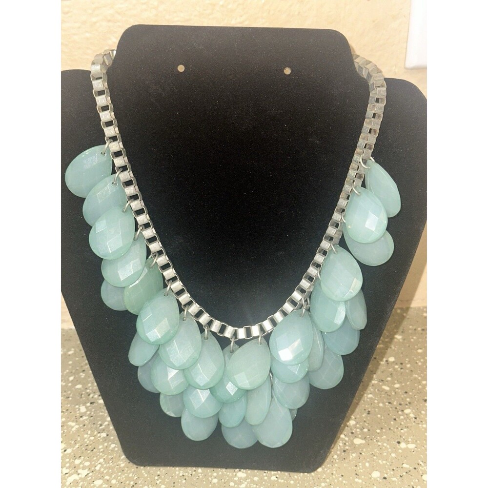 Statement Bib Necklace with Aqua Teardrop Beads & Silver Chain